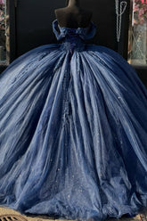 Navy Blue Off-Shoulder Ball Gown Pleated Tulle Quinceanera Dress with Lace-Up Back & Applique Details for Sweet 16 & Birthday Parties